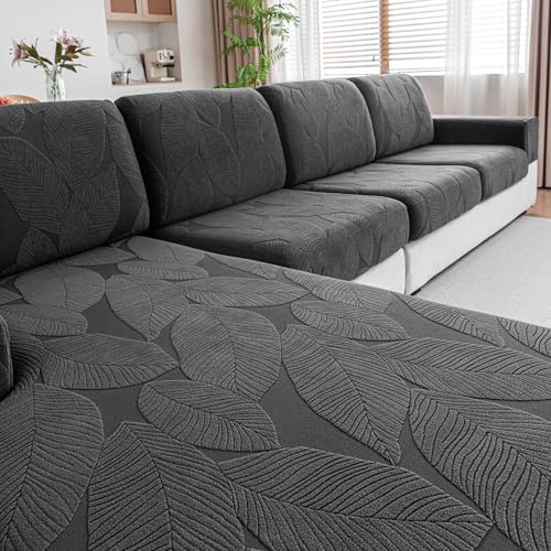 QIANMEW Couch Covers for Sectional Sofa,Washable Waterproof Couch Cushion Covers Stretch L Shape Sofa Cover Furniture Protector for Kid and Dog (3 Seaters+1 Chaise,Dark Gray)