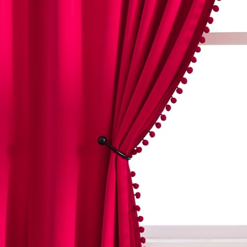 "Pom-Pom Red Velvet Curtains for Livng Room 63"" Luxury Heavy Cotton Feel Soft Room Darkening Window Treatment Set for Bedroom, 2pk Rod Pocket"