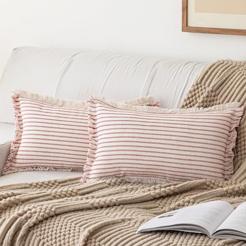 YEENAASY Throw Pillow Covers 12x20 Set of 2 Striped Fringe Pillow Cover Farmhouse Cushion Covers with Tassel Neutral Boho Pillows Decorative Square Pillowcase for Couch Sofa Bed, Red