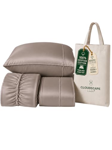 CLOUDSCAPE LINEN 100% Egyptian Cotton Sheets Twin Size, 3 Pieces Luxury Bedding Set, 400 Thread Count Egyptian Cotton,Hotel Quality, Silky Soft, Breathable and Durable, Deep Pockets up to 15, Taupe