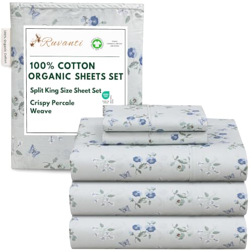 RUVANTI 100% Cotton Organic Percale Sheets Split King Size ??? Crisp Cooling Bed Sheets for Hot Sleepers, Deep Pocket 15???, Soft Peach Finish, Breathable & Durable Hotel-Style 5 Pcs, Butter Flight