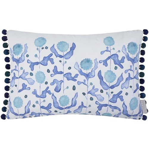 Voyage Maison Mariani Cushion Cover – Coastal Floral Watercolour Printed Cotton Linen Pom Pom Trim Decorative Case (Cobalt - 40x60cm)