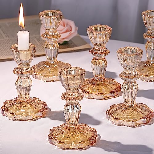 Simeitol Glass Candlestick Holders Bulk, 6PCS Crystal Taper Candle Holders Set, Gold Tall Candle Stick Holder Stand for DIY, Festival, Party, Table Decor