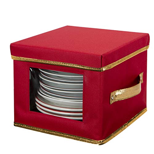 Simplify Holiday Salad Plate Dinnerware Storage Box - 9.45 Inch - Christmas China - 12 Felt Dividers - Tableware Setting - Red