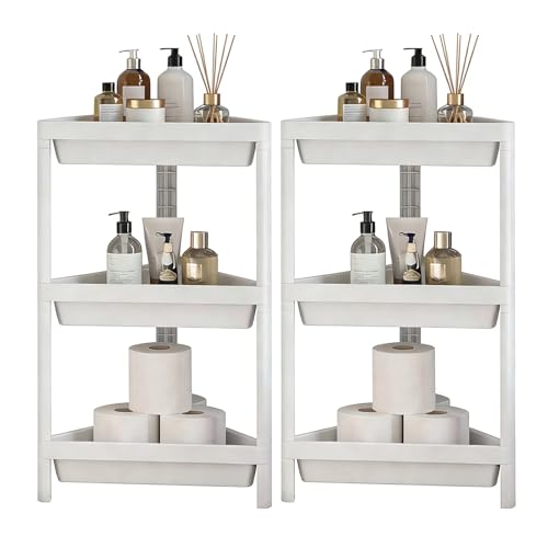 RELAX4LIFE 3-Tier Bathroom Corner Shelf Set of 2, Triangle Space-Saving Freestanding Shelving Unit, Floor Storage Organizer and Display Rack for Living Room Kitchen Bedroom Office (White)