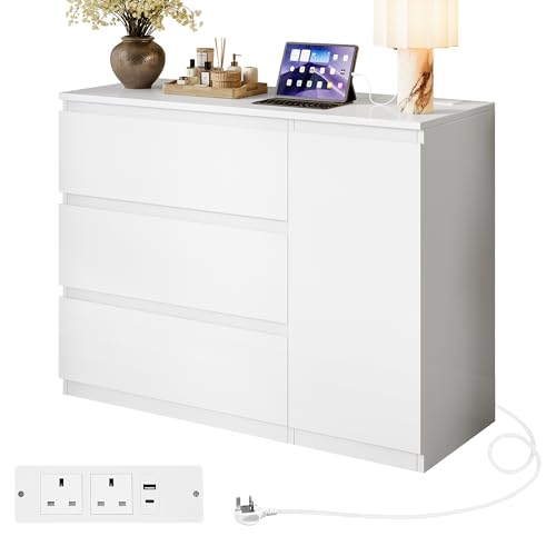 Feonase White Chest of Drawers Bedroom with Adjustable 2 Shelf, Chest drawer with Charging Station, MDF Storage Cabinet for Living Room, 90x 68x36cm, White