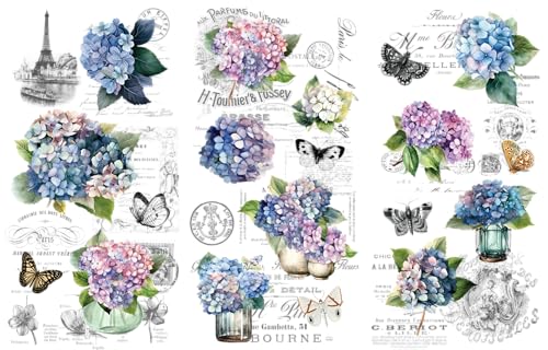 Rub on Transfers for Crafts and Furniture - 3 Design Sheets 6???x 12??? - Home Decor Transfers - Furniture and Craft Decals - by Thymeless Designs (Blooming Hydrangeas)
