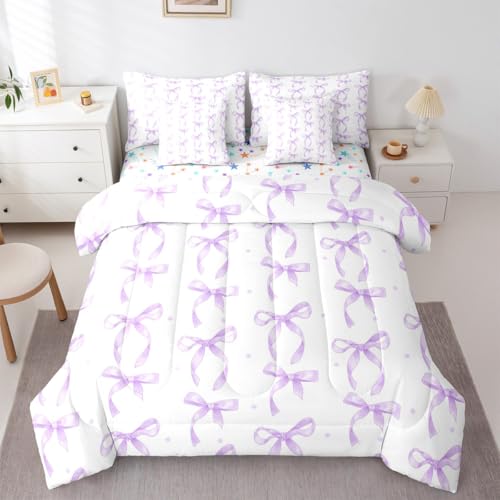 Erosebridal Cute Purple Bow Full Comforter Set with Sheets,Ribbon Bows Bedding Set for Girls Kids Teen Bedroom Decor,Purple Coquette Bow Knot Bed Set 7 Piece Bed in a Bag with Fitted+Flat Sheet