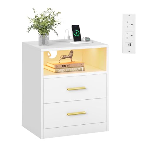 VASAGLE CUSTOS Collection - Bedside Table with Charging Station, LED Lights, Modern Side End Table with Drawers, Open Shelf, 2 AC Outlets USB Ports, Cloud White LET629WB02