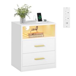 VASAGLE Bedside Table with Charging Station, LED Lights, Modern Side End Table with Drawers, Open Shelf, 2 AC Outlets USB Ports, Matte White CUSTOS Collection LET629WB02