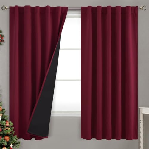 BGment Full Blackout Curtains with Insulated Lining Curtains 63 Inches Long???Rod Pocket and Back Tab Double Layer Room Darkening Window Curtain for Bedroom(42 x 63 Inch, 2 Panels, Burgundy Red)
