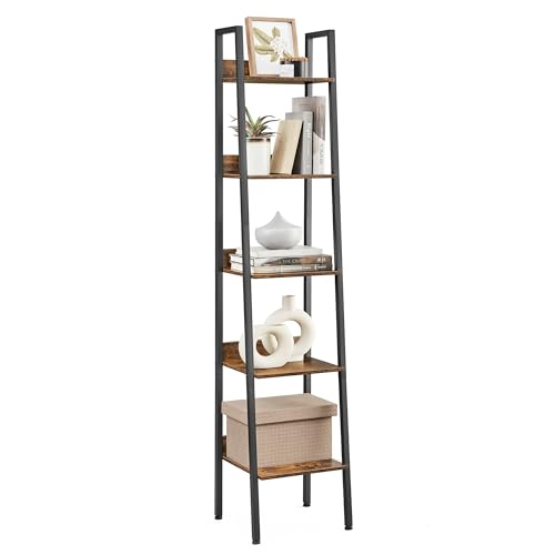 VASAGLE Ladder Shelf, 5-Tier Narrow Shelf, Bookshelf for Home Office, Living Room, Bedroom, Kitchen, Industrial, Rustic Brown and Ink Black LLS109B01