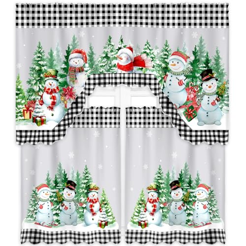 Frienda 3 Pcs Christmas Kitchen Curtains and Valance Set Snowman Christmas Tree Buffalo Plaid Xmas Curtains Swag for Bedroom Living Room, 60 x 36 Valance, 36 x 30 Tier