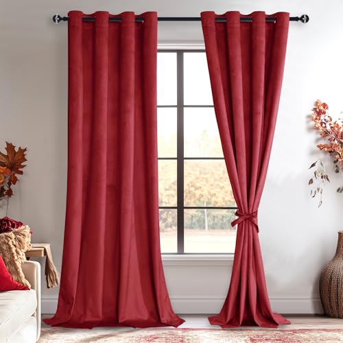 JIUZHEN Red Velvet Curtains 84 inches - Soft Velvet Blackout Grommet Curtains Thermal Insulated Noise Reducing Window Drapes for Party/Wedding/Closet, 52W x 84L, Set of 2 Panels,Wine Red