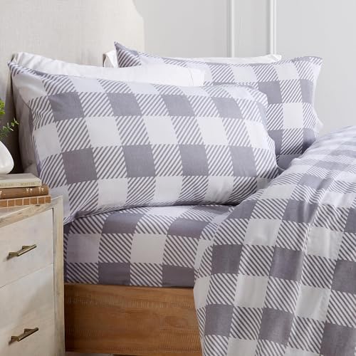 Market & Place 100% Turkish Cotton Flannel Sheet Set - 4 Piece Deep Pocket Novelty Cozy Winter Bed Sheets - Double Brushed for Extra Softness & Comfort - Alpine Collection (Full, Buffalo Check Grey)