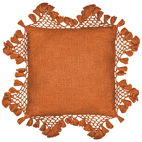 Yard furn Anko Feather Filled Cushion – Textured Cotton with Macramé Tassel Trim (Pecan – Square)