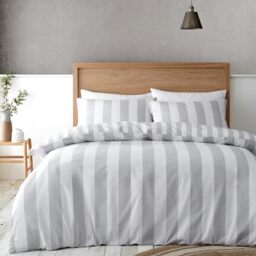 Catherine Lansfield Cove Stripe Reversible Double Duvet Cover Set with Pillowcases Silver Grey