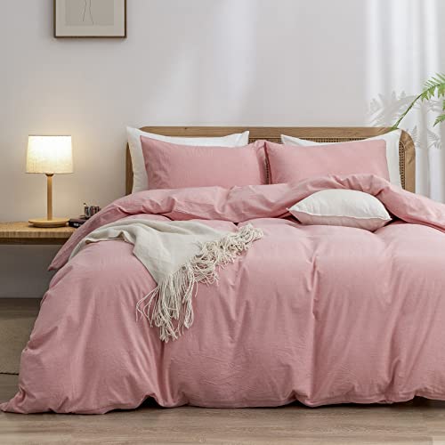 BESTOUCH 100% Washed Cotton Bed Linen Set, Super Soft Touch Comfortable Chic Lightweight 3-Piece Bed Linen Set Home Solid Red Pink King