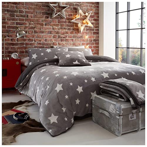 GC GAVENO CAVAILIA Premium Soft & Cosy Warm Thermal Quilt Bed Set, Easy Care Fluffy Fleece Teddy Star Duvet Cover, Grey, Single