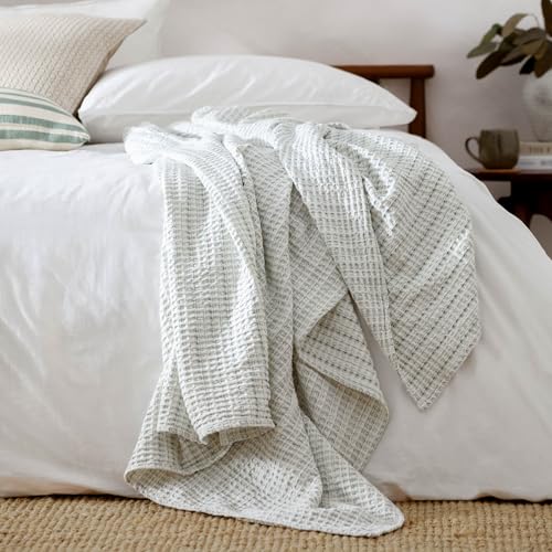 Yard Furn Waffle Textured Cotton Bedspread - Yarn Dyed Stripe Cotton Bedspread (Green - 140x220cm)