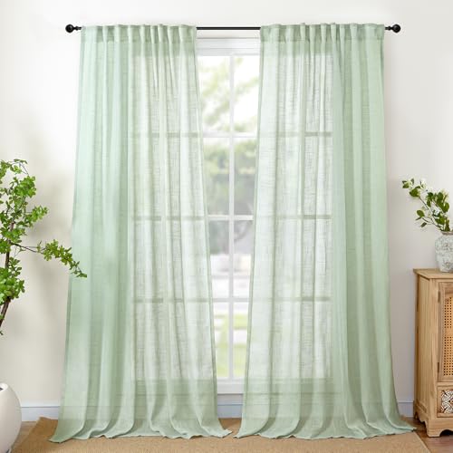 YoungsTex Light Green Linen Curtains 84 Inch Length for Living Room, Semi Sheer Drapes with Rod Pocket Back Tab Textured Light Filtering for Bedroom Window, 2 Panels, 52 X 84 Inch