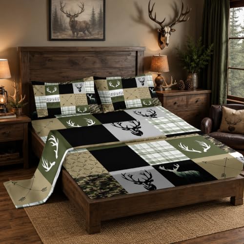 "Nttopship Hunting Camo 4 Pieces Bed Sheet Sets Full Size Deer Hunting Camo Bedding Sets with 16"" Deep Pockets Hunt Deer Bedroom Decor,Bedding Set 4 PCS(1 Fitted+1 Flat+2 Pillowcases)"