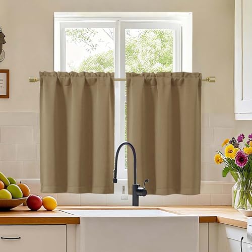 "Simplebrand Taupe Cafe Curtains Tier 36 Inch Length 2 Panels Set, Half Window Blackout Curtains for Kitchen, Rod Pocket Tier Thermal Insulated Window Treatment Short Curtain, Each 30"" Wx36 L"