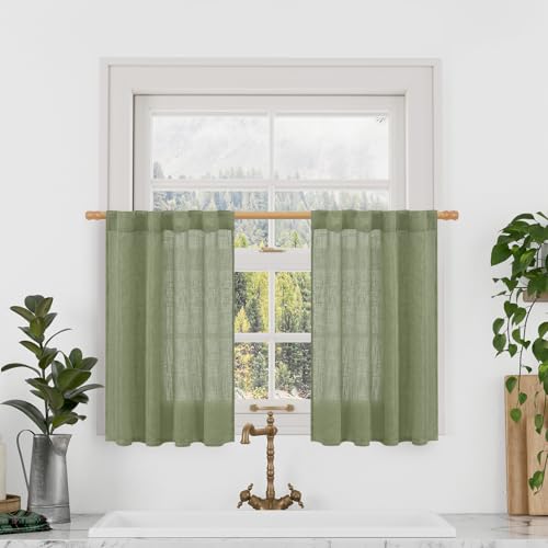 LAMIT Sage Green Linen Curtains 30 Inch Length, Semi Sheer Light Filtering Window Panels Back Tab and Rod Pocket Drapes for Kitchen/Basement/Small Windows, 25 x 30 Inch, 2 Panels