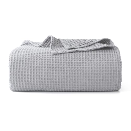 100% Cotton Waffle Blanket (Gray - Full Size - 84 * 90''), Pre-Washed and Anti-Shrinkage Soft Lightweight Bed & Couch Blanket, 380 GSM Waffle Weave Throw Blanket for All Seasons