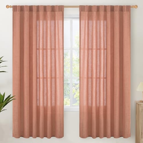 YoungsTex Rust Terracotta Linen Curtains 72 Inch Length, Burnt Orange Semi Sheer Drapes with Rod Pocket Back Tab Light Filtering for Bedroom Living Room Windows, 2 Panels, 52 X 72 Inch