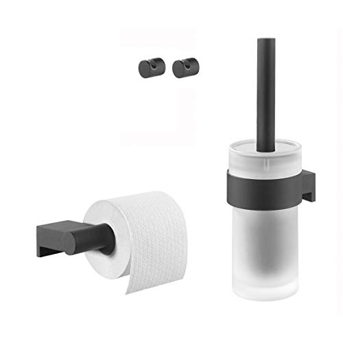 Tiger Bold Toilet accessories set - Toilet brush and holder - Toilet roll holder without cover - Towel hooks - Black