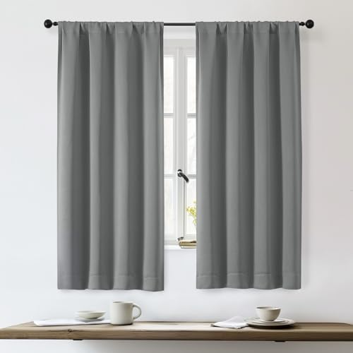 OWENIE Sally Light Grey Blackout Curtains for Bedroom 63 Inch Length 2 Panels, Solid Thermal Insulated Energy Saving Rod Pocket Window Treatment Drapes, W40 x L63 Inch, Light Grey