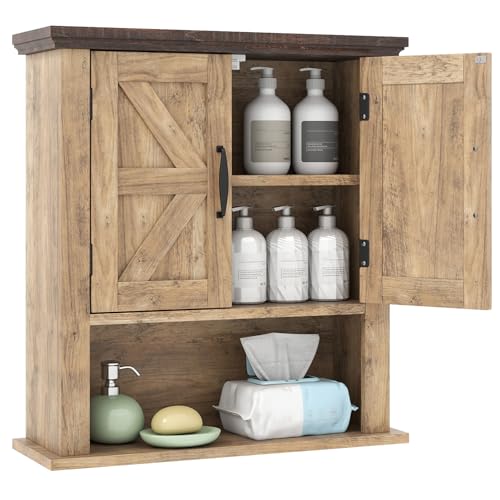 RELAX4LIFE Double Door Wall Mounted Bathroom Cabinet, Over The Toilet Storage with 2 Doors and Adjustable Shelves, Wooden Bathroom Cupboard for Living Room (with Open Compartment, Rustic Brown)
