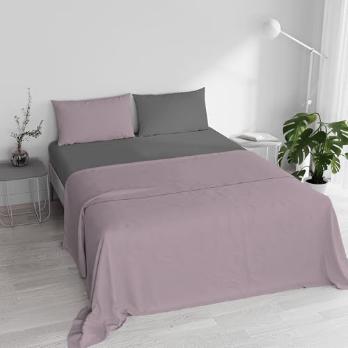 Double Bed Sheet Set, 100% Natural Cotton, Made in Italy – Complete Bed Set, Fitted Sheet, Top Sheet 240 x 300 cm and Pillowcases with Inner Flap, Antique Pink/Dark Grey