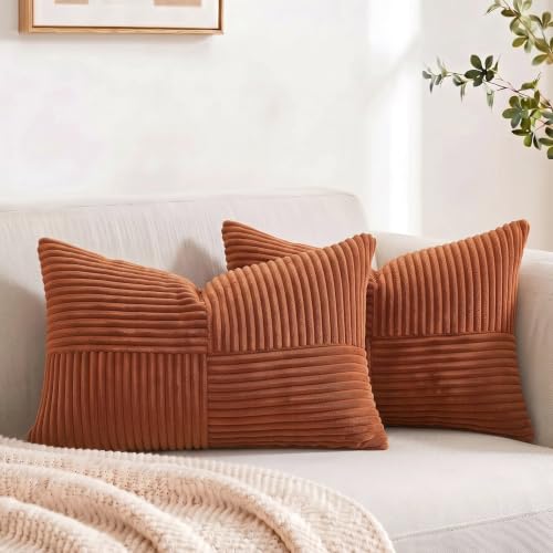 Fancy Homi 2 Packs Rust Lumbar Decorative Throw Pillow Covers 14x24 Inch for Couch Bed Sofa, Rustic Farmhouse Boho Home Decor, Soft Striped Corduroy Rectangle Accent Terracotta Cushion Case 35x60 cm