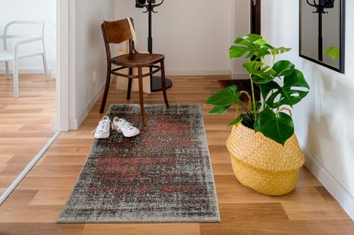 andiamo Woven Rug Modern Stylish Short Pile Rug Robust and Easy Care Made of 100% Polypropylene Suitable for Underfloor Heating and Robot Vacuum Cleaners 67 x 140 cm Stripes Grey/Coral