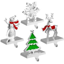 Ginbel Direct Christmas Stocking Holders for Mantle Set of 4, Stockings Hangers Snowflake Snowman Tree Deer Reindeer Heavy Weighted Hooks for Mantel Fireplace Windows Indoor Decorations Silver