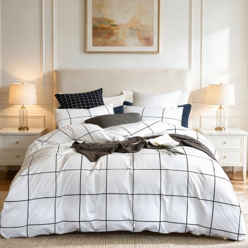 CLOTHKNOW White Plaid Comforter Set Full Checkered Bedding Comforter Sets - Big Grid Bedding Sets, Soft, All Season, Lightweight, Quilt Blanket with 2 x Pillow Cases