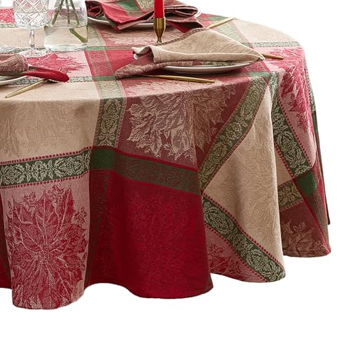 "Elrene Home Fashions Prestige Poinsettia Jacquard Woven Cotton Christmas/Holiday Oval Tablecloth, 60""x84"""