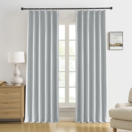 Light Grey Pinch Pleated Blackout Curtains 132 Inch Long, Accordion Style Thermal Insulated Drapes with Hooks, Back Tab Ceiling Traverse Curtains for Living Room,40x132, 2 Panels