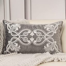 Aeckself European Cushion Cover Luxury Velvet Decorative Embroidery Floral Rectangle Pillow Case Cushion Cover for Couch Bed Living Room Grey and White 12x20 Inch
