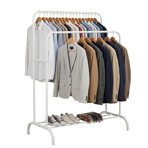 Relaxdays Double Coat Rack with Shelf, Metal, White – 146 x 110 x 56 cm