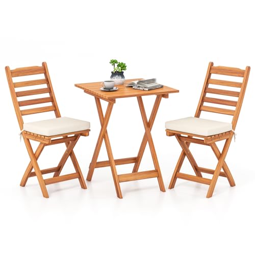 GiantexUK Acacia Wood Outdoor Bistro Set, Patio Folding Table and Chairs, 3-Piece Patio Dining Set with Soft Cushioned Seats & High-Back, Garden Furniture Set for Poolside (Horizontal Bar Backrest)