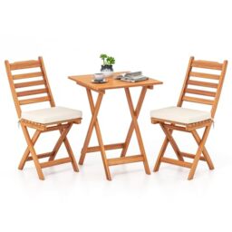 GiantexUK Acacia Wood Outdoor Bistro Set, Patio Folding Table and Chairs, 3-Piece Patio Dining Set with Soft Cushioned Seats & High-Back, Garden Furniture Set for Poolside (Horizontal Bar Backrest)