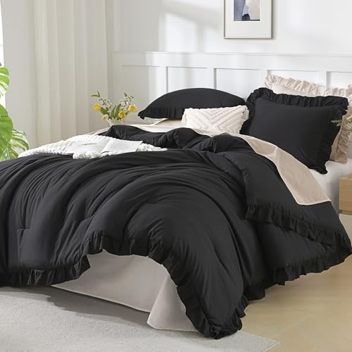 Andency Black King Size Comforter Set, 3 Pieces Solid Farmhouse Bedding - Shabby Chic All-Season Western Rustic Soft Down Alternative Bed Set for Adults