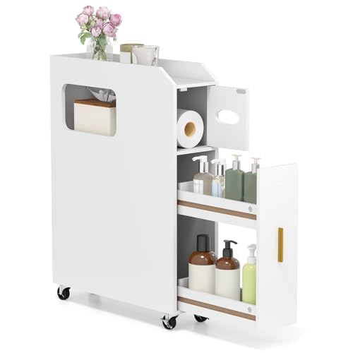 RELAX4LIFE Bathroom Floor Cabinet, Rolling Slim Toilet Storage Cart with Toilet Paper & Brush Holder, Slide-out Drawerand 2 Lockable Wheels, Freestanding Toilet Paper Holder Stand Organizer (White)