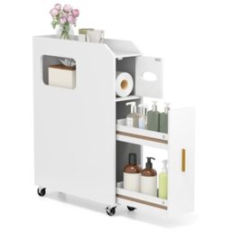 RELAX4LIFE Bathroom Floor Cabinet, Rolling Slim Toilet Storage Cart with Toilet Paper & Brush Holder, Slide-out Drawerand 2 Lockable Wheels, Freestanding Toilet Paper Holder Stand Organizer (White)