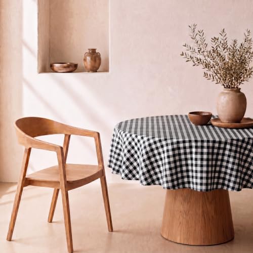 svet Stain-Resistant Tablecloth, Extra Soft Fabric, Round Table, Waterproof Cotton, Diameter 140 cm (Black Vichy Square)
