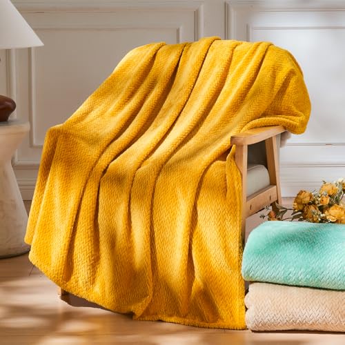"NEWCOSPLAY Super Soft Throw Blanket Mustard Yellow Premium Silky Flannel Fleece Leaves Pattern Lightweight Bed Blanket All Season Use (Mustard Yellow, Throw(50""x60""))"