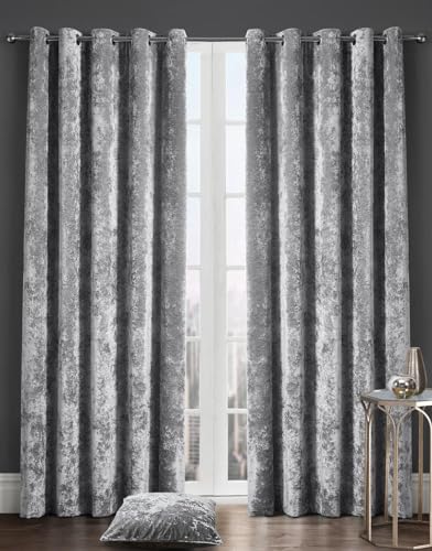 Kampala Hill Crushed Velvet Eyelet Ring Top Light Filtering Curtains Silver 90x90